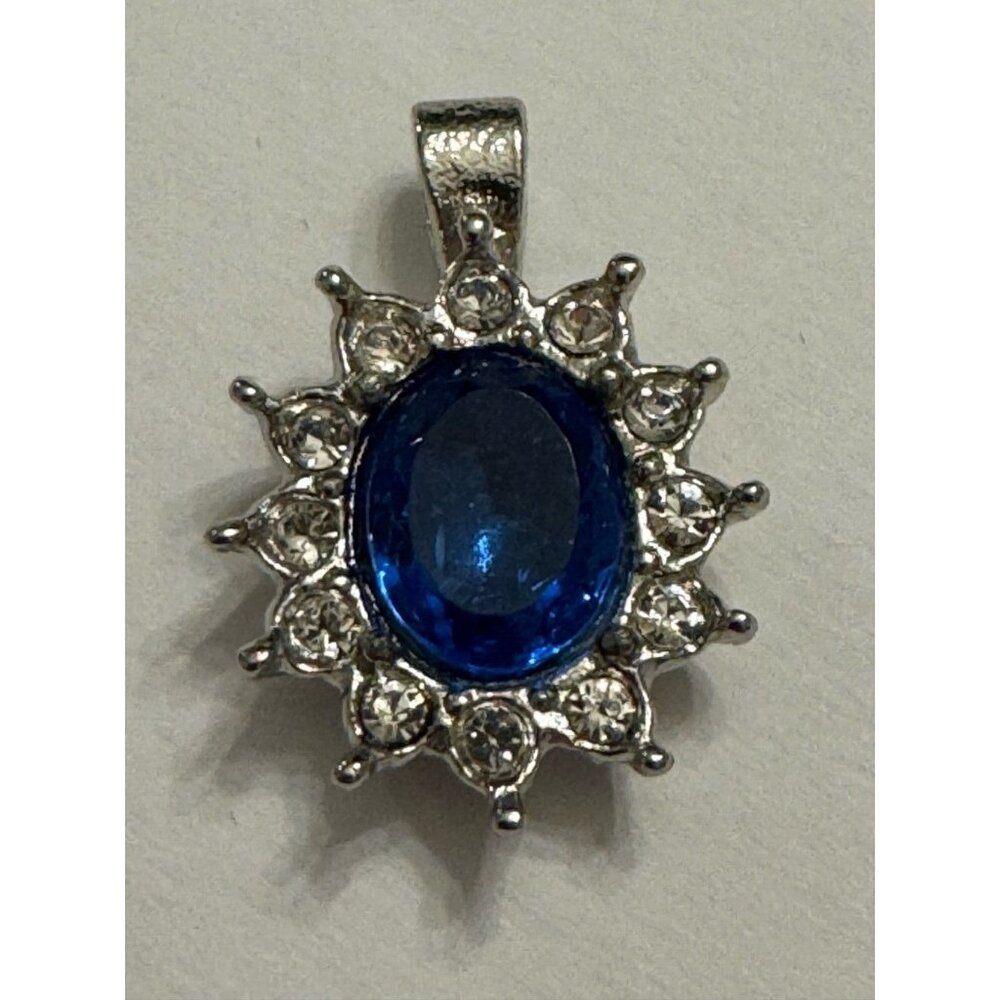 Jewelry Necklace Pendant Blue Center Oval Silver-Tone White Clear Rhinestones - Picture 4 of 5